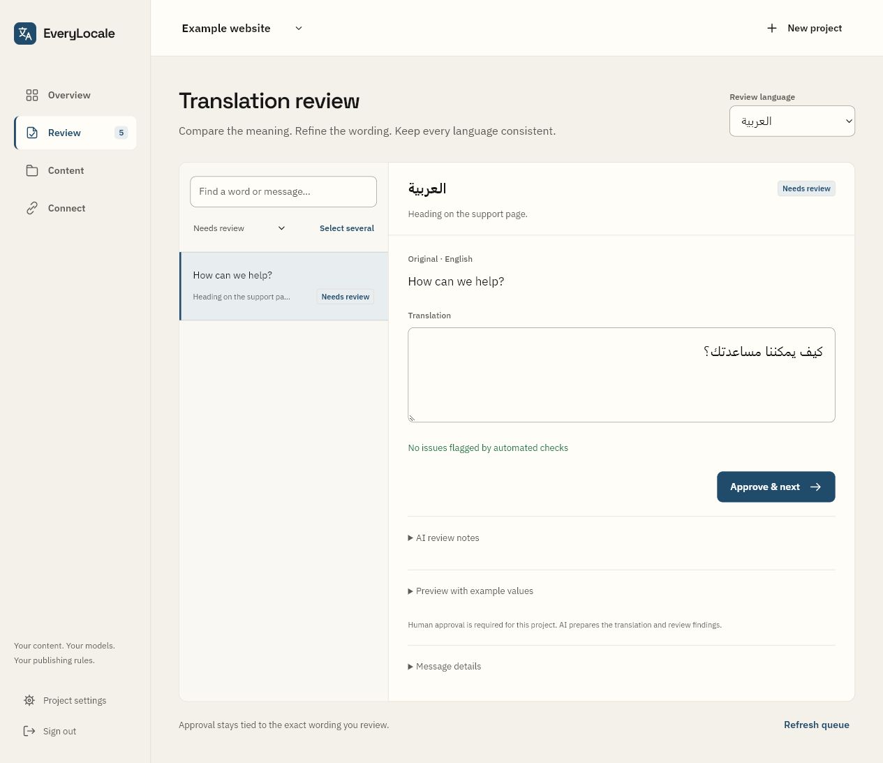 EveryLocale review workspace with source and Arabic translation side by side
